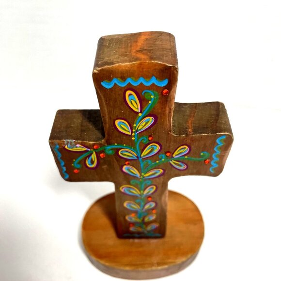 Hand-Painted Wooden Cross Figurine With Floral Design & Inspirational Message - Picture 4 of 8